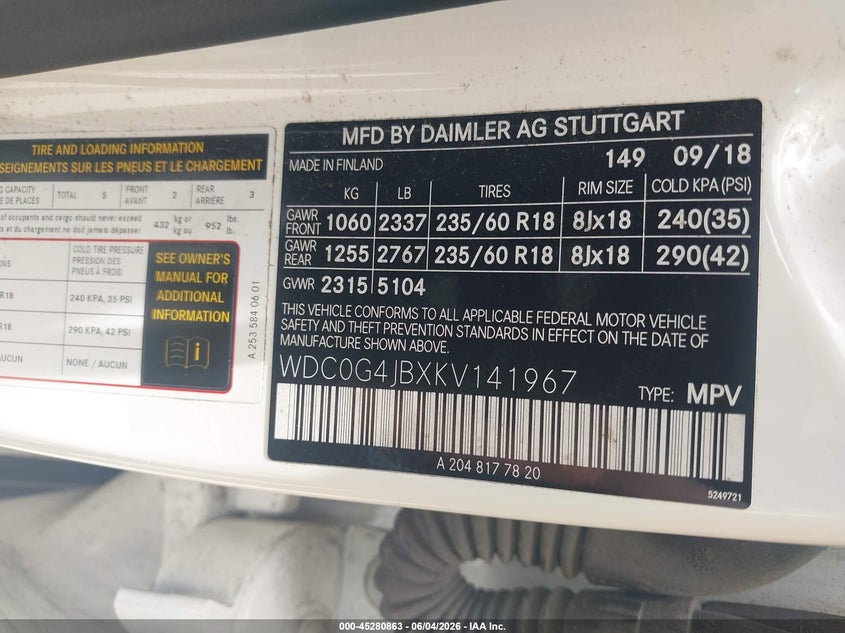 2019 Mercedes-benz Glc VIN WDC0G4JBXKV141967 IAAI salvage auction — WATER/FLOOD, Original (Texas), sold $5,500 on 2026-08-14 (photo 9)