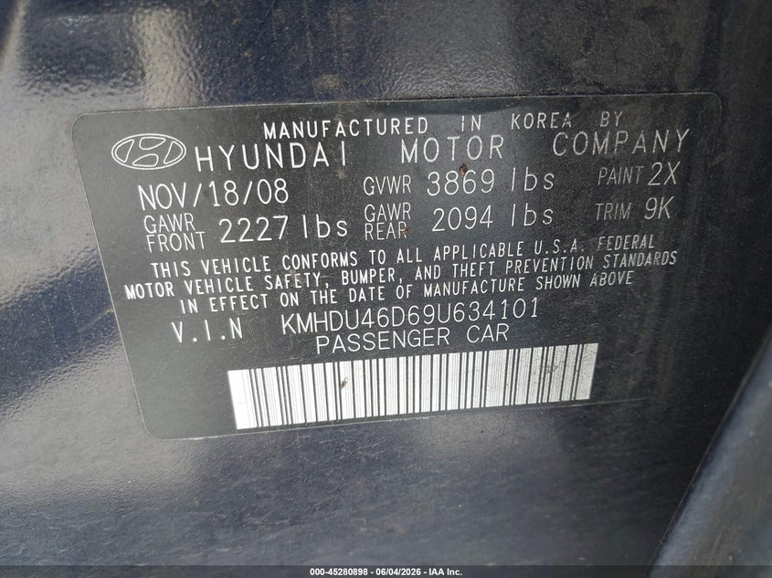 2009 Hyundai Elantra VIN KMHDU46D69U634101 IAAI salvage auction — FRONT END, Salvage (Oregon), sold $375 on 2026-07-15 (photo 9)