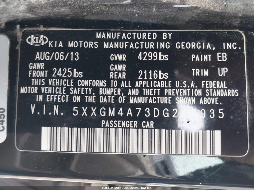 2013 Kia Optima VIN 5XXGM4A73DG245935 IAAI salvage auction — FRONT END, Salvage (Iowa), sold $25 on 2026-07-27 (photo 9)