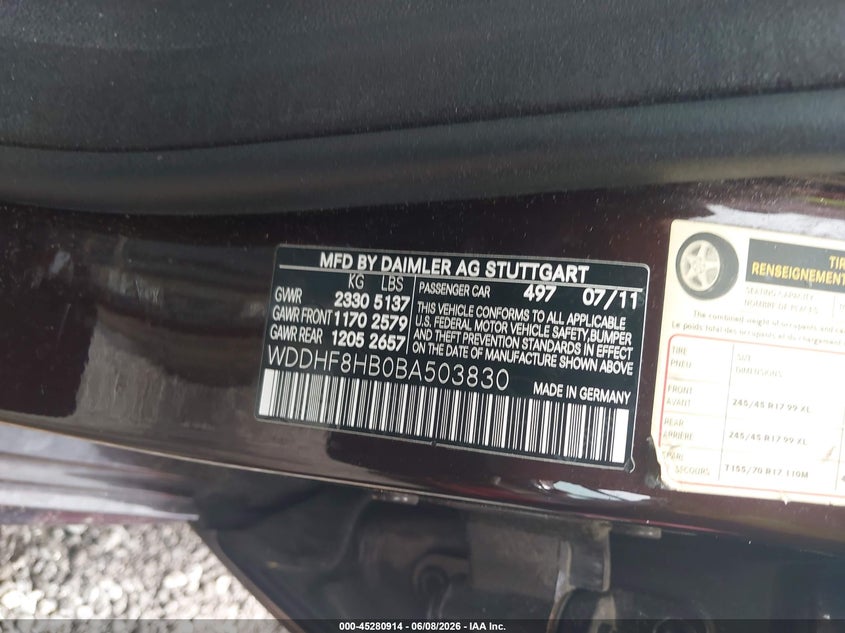 2011 Mercedes-benz E-class VIN WDDHF8HB0BA503830 IAAI salvage auction — RIGHT REAR, Salvage (Idaho), sold $1,625 on 2026-08-18 (photo 9)