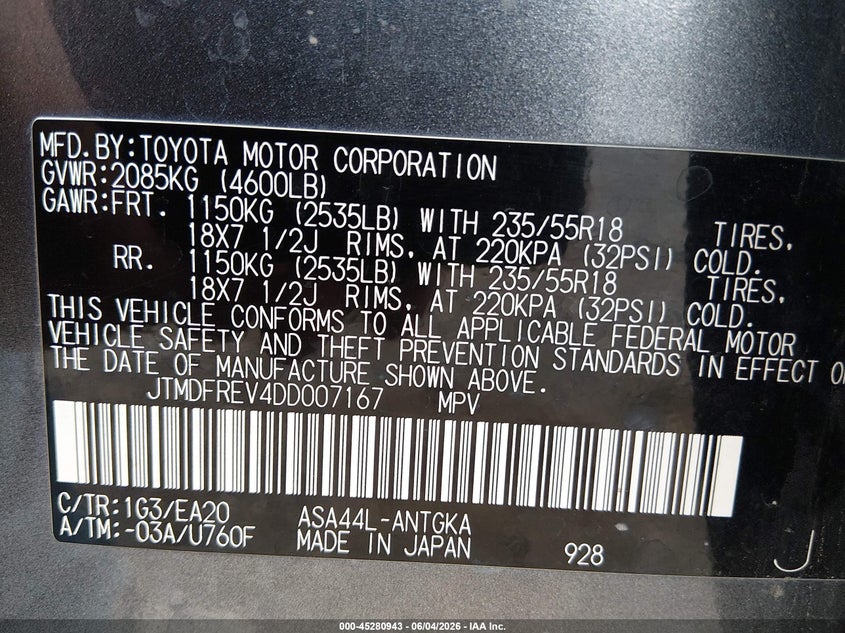 2013 Toyota Rav 4 VIN JTMDFREV4DD007167 IAAI salvage auction — RIGHT FRONT, Salvage Title, sold $3,800 on 2026-07-15 (photo 9)
