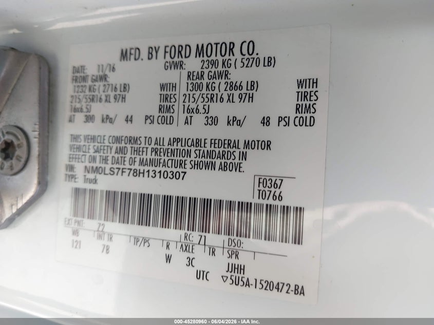 2017 Ford Transit VIN NM0LS7F78H1310307 IAAI salvage auction — RIGHT FRONT, Salvage Title, sold $2,300 on 2026-07-06 (photo 9)
