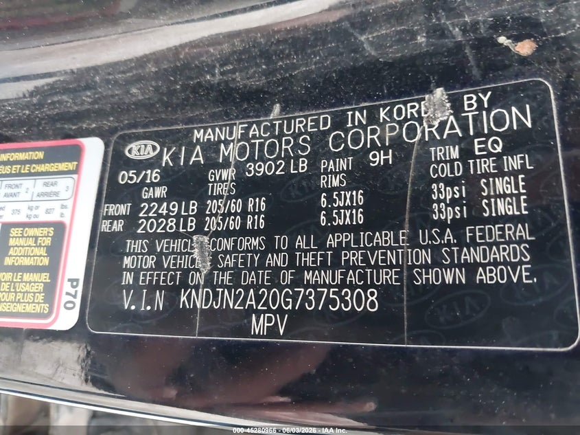 2016 Kia Soul VIN KNDJN2A20G7375308 IAAI salvage auction — NORMAL WEAR, Clear - Public Restricted (Oklahoma), sold $625 on 2026-07-15 (photo 9)