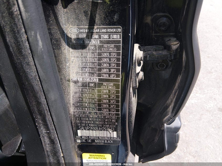 2018 Land rover Range rover evoque VIN SALVP2RX8JH297673 IAAI salvage auction — FRONT END, Salvage Title, sold $3,100 on 2026-07-14 (photo 9)