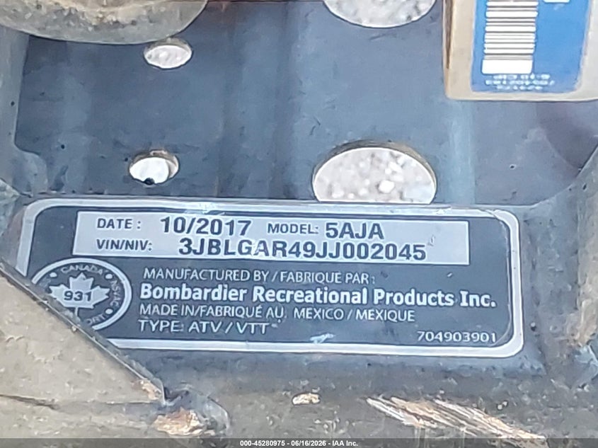 2018 Can-am Other VIN 3JBJGAR49JJ002045 IAAI salvage auction — THEFT, Salvage (Arizona), sold $1,350 on 2026-07-28 (photo 9)