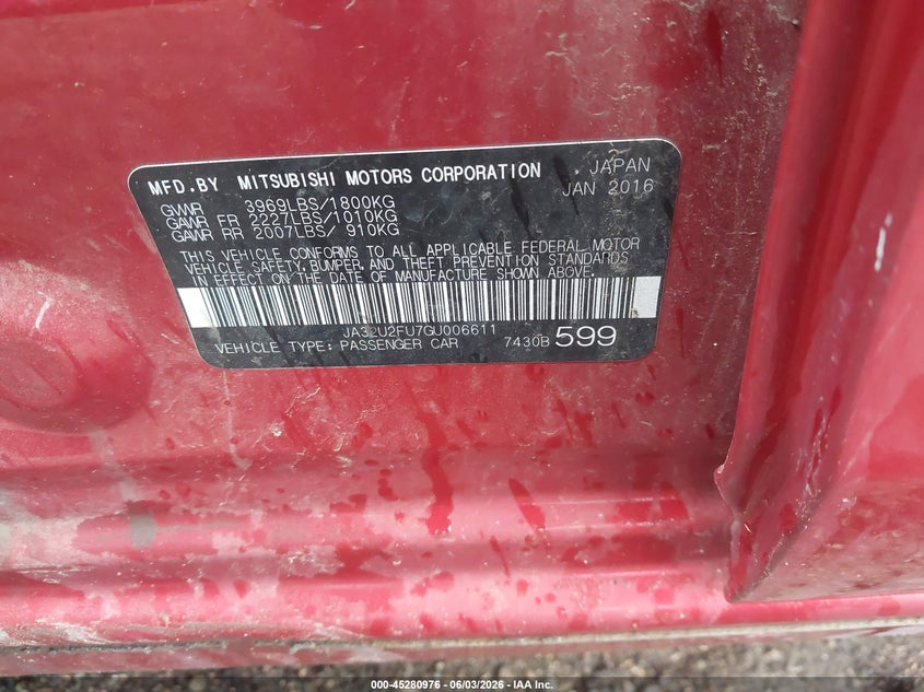 2016 Mitsubishi Lancer VIN JA32U2FU7GU006611 IAAI salvage auction — RIGHT FRONT, Salvage (Texas), sold $400 on 2026-07-13 (photo 9)