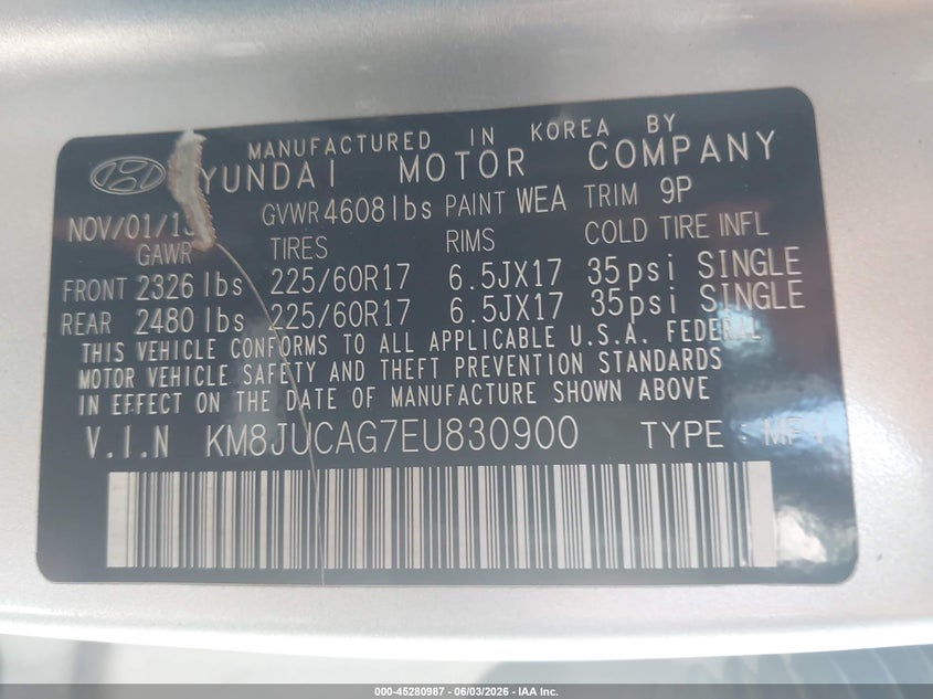 2014 Hyundai Tucson VIN KM8JUCAG7EU830900 IAAI salvage auction — REAR END, Salvage (North Carolina), sold $900 on 2026-07-06 (photo 9)