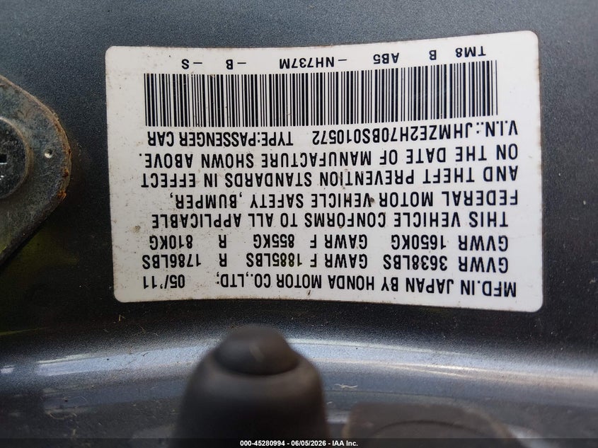 2011 Honda Insight VIN JHMZE2H70BS010572 IAAI salvage auction — NORMAL WEAR, Clear (Hawaii), sold $25 on 2026-07-28 (photo 9)