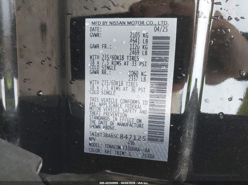 2025 Nissan Rogue VIN 5N1BT3BA6SC847125 IAAI salvage auction — FRONT END, Wait Title, sold $10,100 on 2026-08-20 (photo 9)