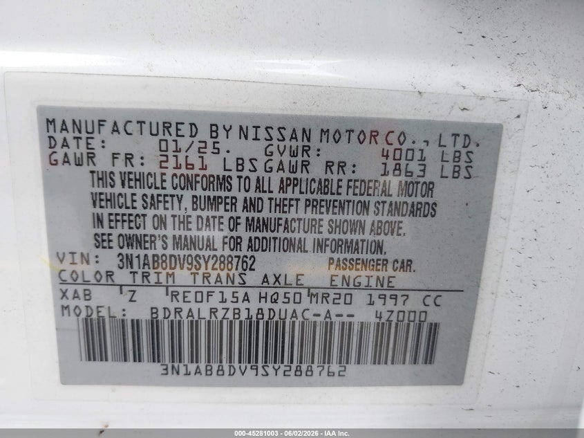 2025 Nissan Sentra VIN 3N1AB8DV9SY288762 IAAI salvage auction — FRONT END, Salvage Title, sold $5,600 on 2026-07-09 (photo 9)