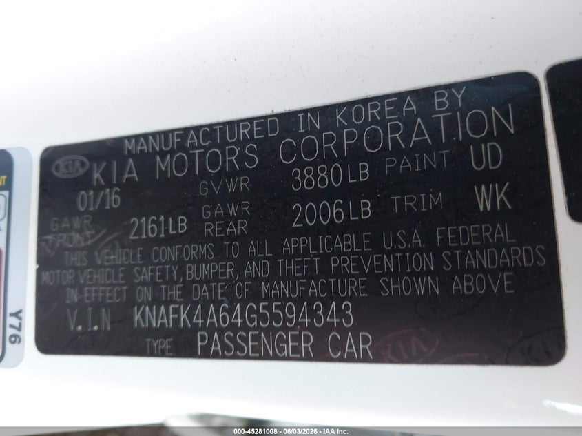 2016 Kia Forte VIN KNAFK4A64G5594343 IAAI salvage auction — FRONT END, Salvage (Arizona), sold $800 on 2026-07-07 (photo 9)