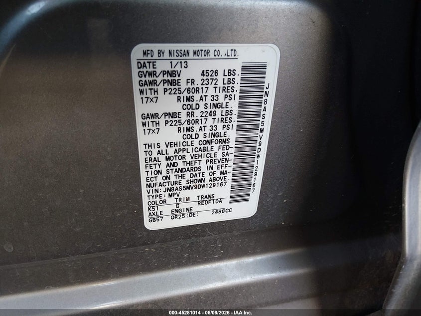 2013 Nissan Rogue VIN JN8AS5MV9DW129167 IAAI salvage auction — LEFT SIDE, Salvage Title, sold $1,225 on 2026-07-21 (photo 9)