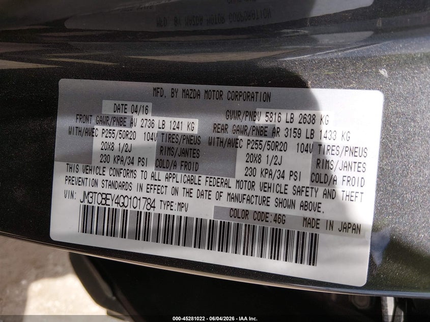 2016 Mazda Cx-9 VIN JM3TCBEY4G0101784 IAAI salvage auction — REAR END, Salvage Title, sold $4,700 on 2026-07-07 (photo 9)