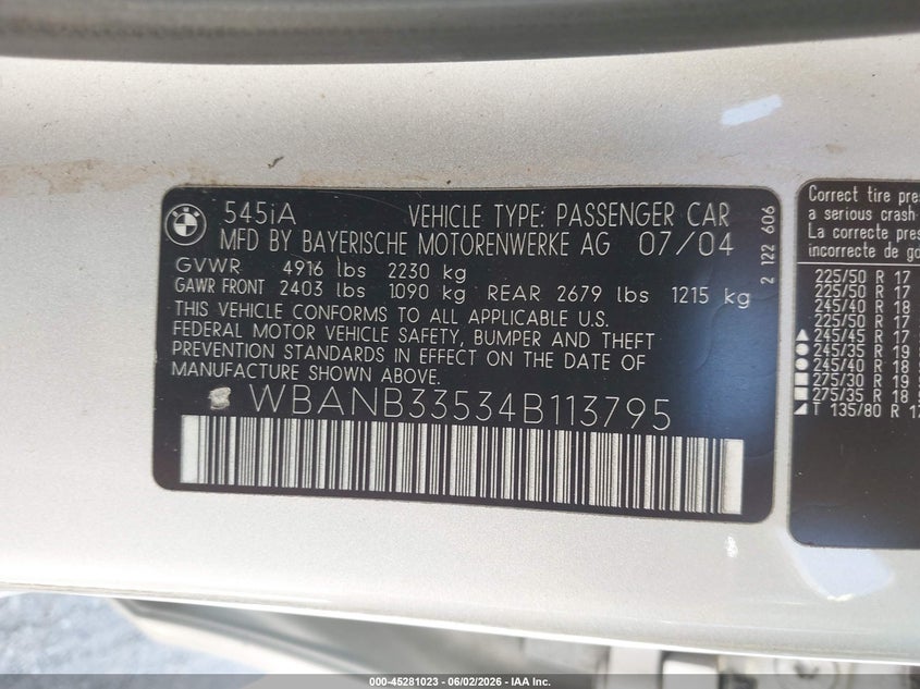 2004 BMW 5er VIN WBANB33534B113795 IAAI salvage auction — NORMAL WEAR, Clear (Indiana), sold $500 on 2026-07-15 (photo 9)