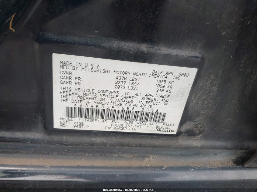 2009 Mitsubishi Galant VIN 4A3AB36F19E012358 IAAI salvage auction — RIGHT SIDE, Salvage (Texas), sold $325 on 2026-07-08 (photo 9)