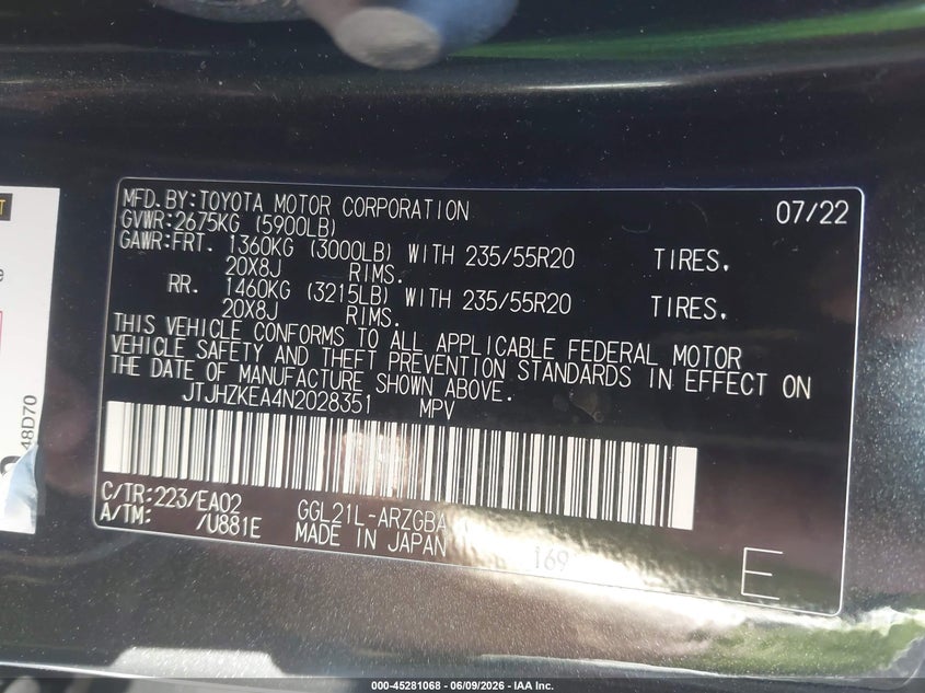 2022 Lexus Rx VIN JTJHZKEA4N2028351 IAAI salvage auction — REAR END, Salvage Title, sold $15,950 on 2026-07-07 (photo 9)
