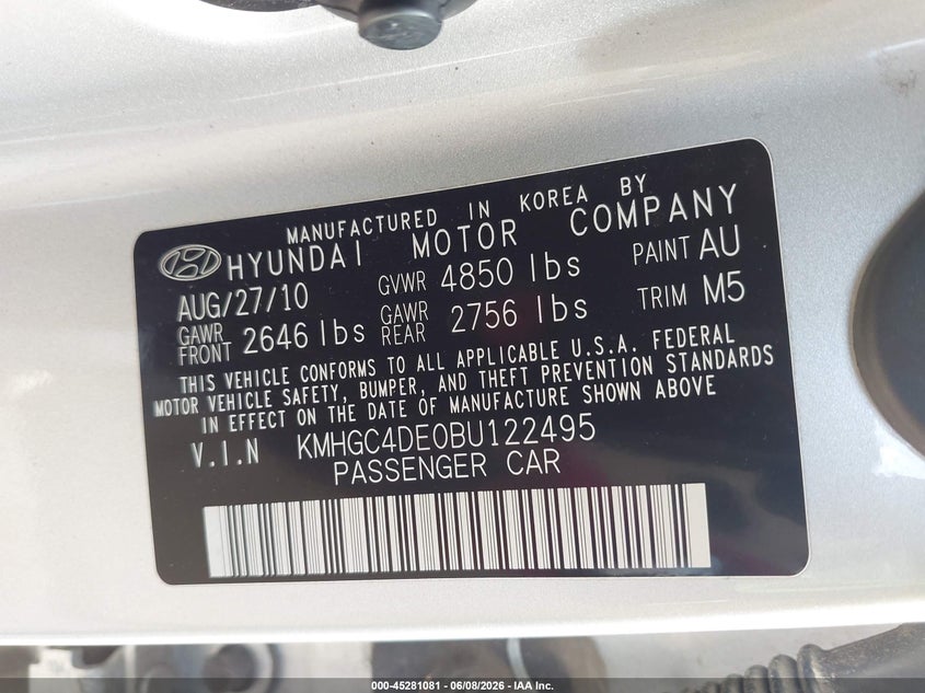 2011 Hyundai Genesis VIN KMHGC4DE0BU122495 IAAI salvage auction — FRONT END, Salvage (Texas), sold $500 on 2026-07-07 (photo 9)