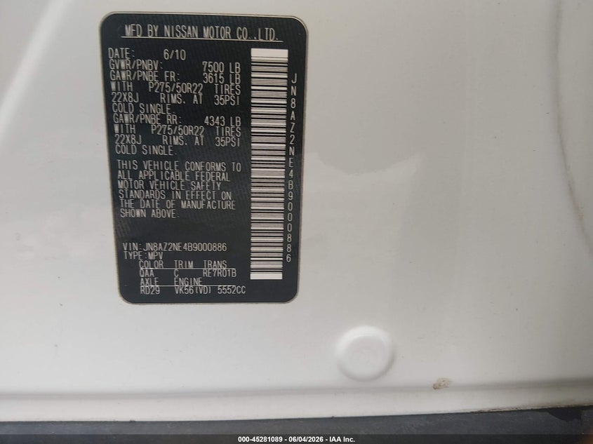 2011 Infiniti Qx56 VIN JN8AZ2NE4B9000886 IAAI salvage auction — NORMAL WEAR, Clear (Louisiana), sold $1,050 on 2026-07-29 (photo 9)