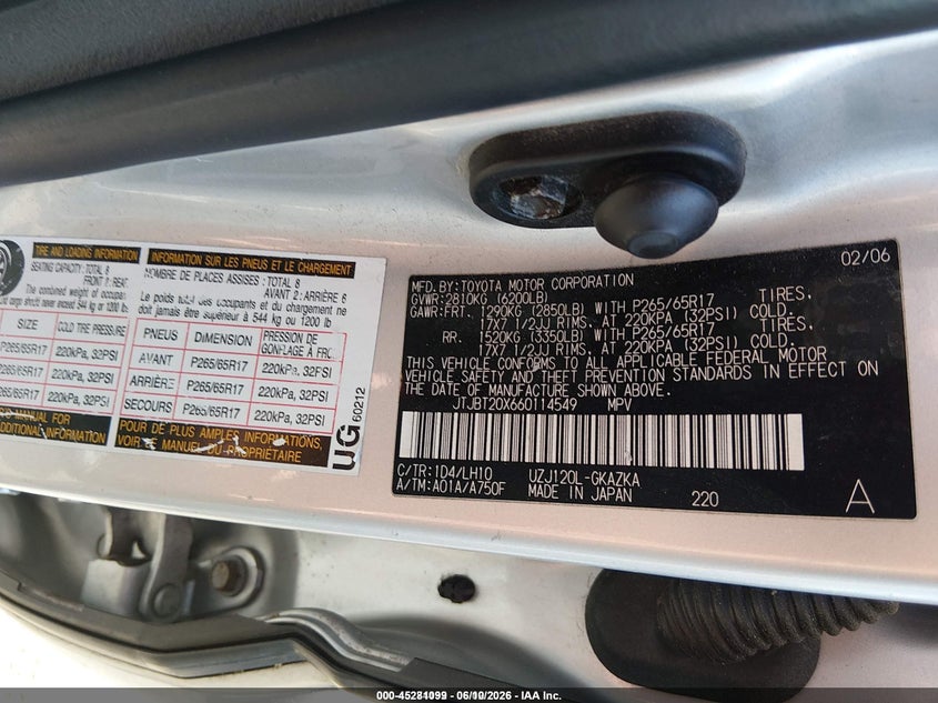2006 Lexus Gx VIN JTJBT20X660114549 IAAI salvage auction — NORMAL WEAR, Clear (Rhode Island), sold $1,925 on 2026-07-14 (photo 9)
