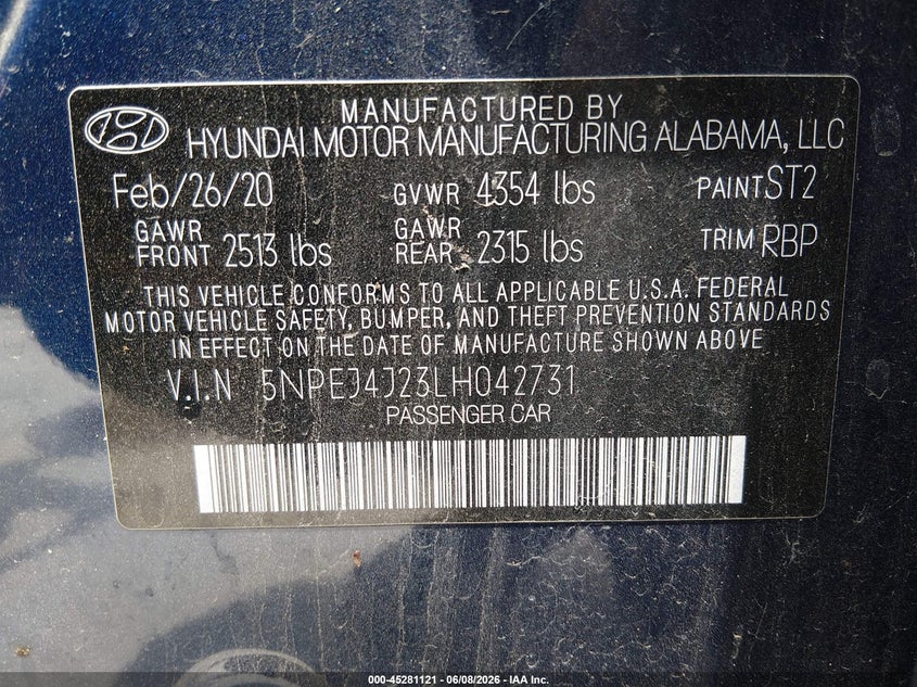 2020 Hyundai Sonata VIN 5NPEJ4J23LH042731 IAAI salvage auction — FRONT END, Original (Texas), sold $5,600 on 2026-07-21 (photo 9)