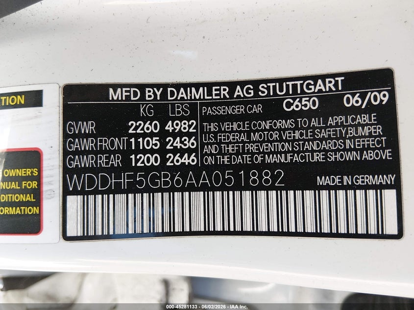 2010 Mercedes-benz E-class VIN WDDHF5GB6AA051882 IAAI salvage auction — FRONT END, Salvage (California), sold $325 on 2026-07-23 (photo 9)