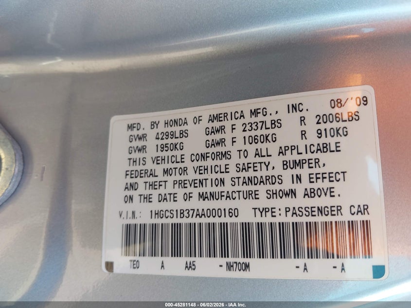 2010 Honda Accord VIN 1HGCS1B37AA000160 IAAI salvage auction — NORMAL WEAR, Clear (Michigan), sold $500 on 2026-07-09 (photo 9)
