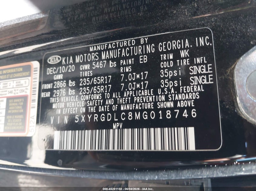 2021 Kia Sorento VIN 5XYRGDLC8MG018746 IAAI salvage auction — LEFT FRONT, Salvage Title, sold $5,550 on 2026-07-23 (photo 9)