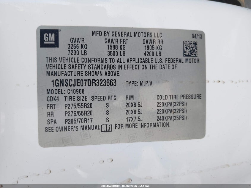 2013 Chevrolet Suburban 1500 VIN 1GNSCJE07DR323663 IAAI salvage auction — NORMAL WEAR, Clear (Georgia), sold $1,775 on 2026-07-08 (photo 9)