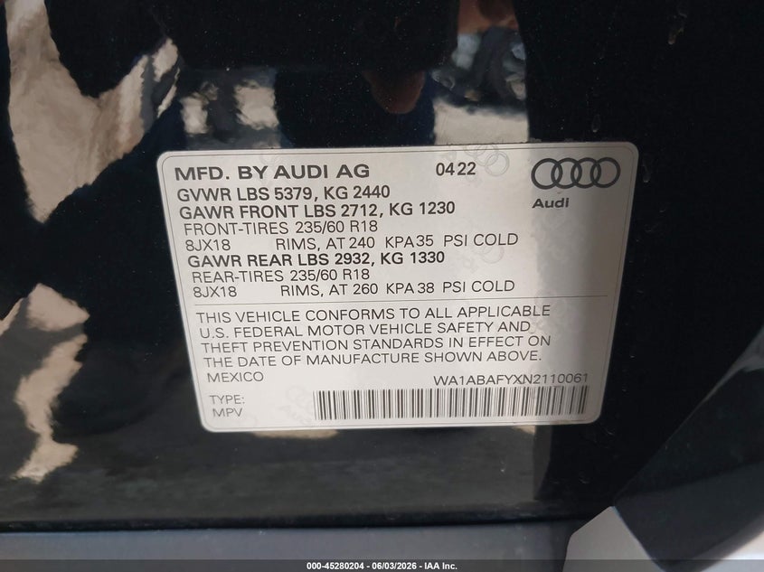 2022 Audi Q5 VIN WA1ABAFYXN2110061 IAAI salvage auction — LEFT FRONT, Salvage (California), sold $12,100 on 2026-07-15 (photo 9)