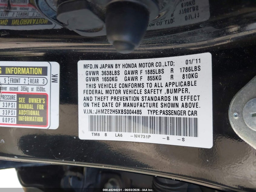 2011 Honda Insight VIN JHMZE2H5XBS004485 IAAI salvage auction — FRONT END, Salvage (California), sold $700 on 2026-07-23 (photo 9)