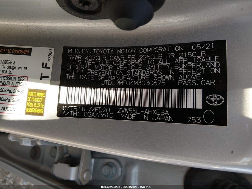 2021 Toyota Prius VIN JTDL9MFU4M3030675 IAAI salvage auction — FRONT END, Salvage Title, sold $5,500 on 2026-07-23 (photo 9)