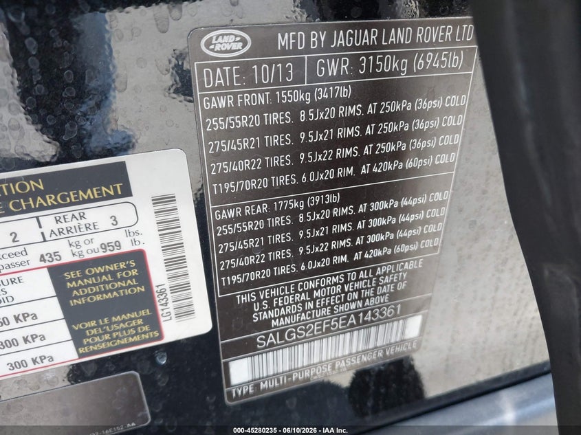 2014 Land rover RANGE ROVER VIN SALGS2EF5EA143361 IAAI salvage auction — REAR END, Salvage Title, sold $6,200 on 2026-07-12 (photo 9)