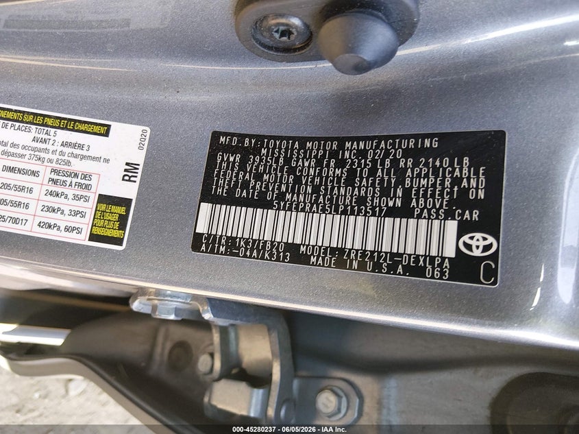 2020 Toyota Corolla VIN 5YFEPRAE5LP113517 IAAI salvage auction — LEFT REAR, Salvage (New Jersey), sold $4,350 on 2026-07-29 (photo 9)
