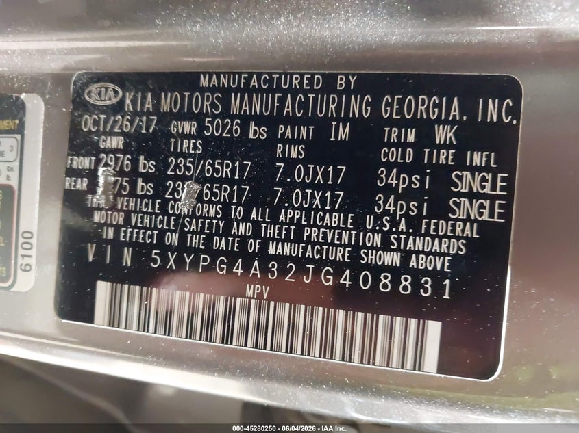2018 Kia Sorento VIN 5XYPG4A32JG408831 IAAI salvage auction — RIGHT REAR, Salvage Title, sold $2,250 on 2026-07-16 (photo 9)
