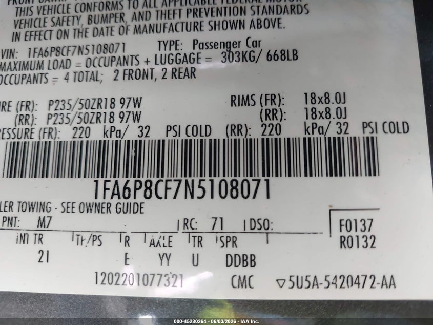 2022 Ford Mustang VIN 1FA6P8CF7N5108071 IAAI salvage auction — FRONT END, Salvage Title, sold $4,850 on 2026-07-22 (photo 9)