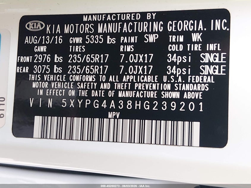 2017 Kia Sorento VIN 5XYPG4A38HG239201 IAAI salvage auction — LEFT REAR, Salvage Title, sold $1,950 on 2026-07-21 (photo 9)