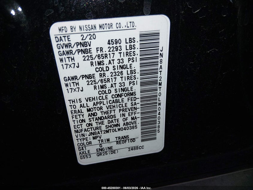 2020 Nissan Rogue VIN JN8AT2MT0LW040385 IAAI salvage auction — REAR END, Salvage Title, sold $2,500 on 2026-07-21 (photo 9)