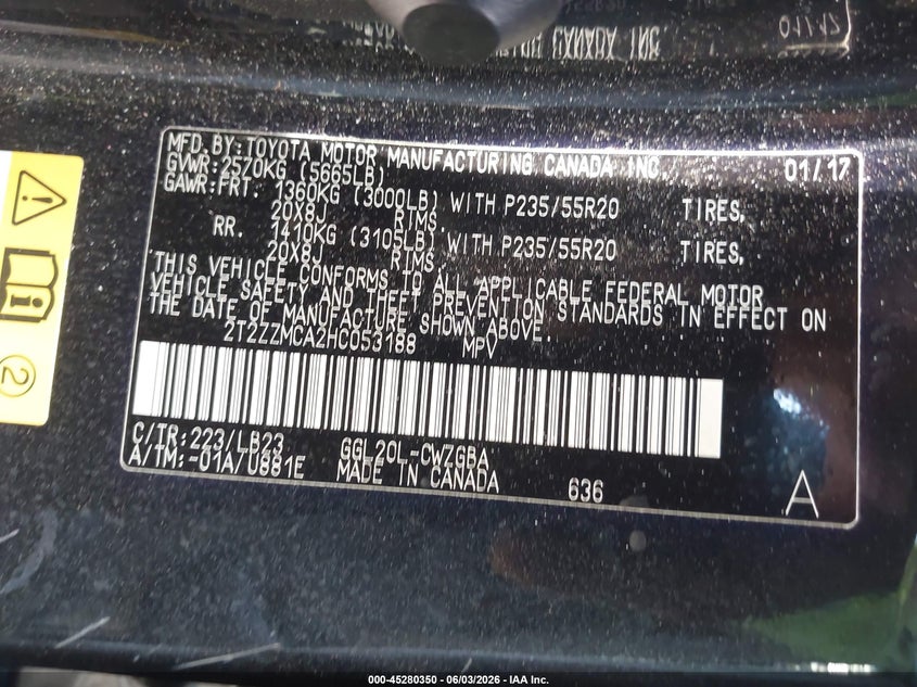 2017 Lexus Rx VIN 2T2ZZMCA2HC053188 IAAI salvage auction — FRONT END, Original (Texas), sold $9,800 on 2026-07-31 (photo 9)