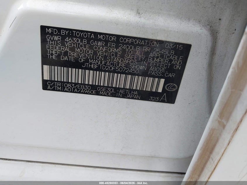2015 Lexus Is VIN JTHBF1D20F5072450 IAAI salvage auction — FRONT END, Salvage Title, sold $2,875 on 2026-07-22 (photo 9)