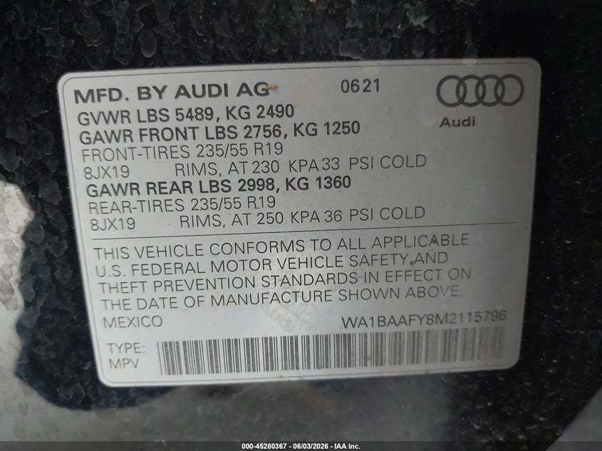 2021 Audi Q5 VIN WA1BAAFY8M2115796 IAAI salvage auction — REAR END, Bill Of Sale (Washington), sold $10,300 on 2026-07-08 (photo 9)