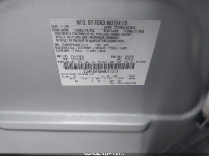 2010 Lincoln Mkt VIN 2LMHJ5FR6ABJ15513 IAAI salvage auction — LEFT & RIGHT, Original (Texas), sold $325 on 2026-07-08 (photo 9)