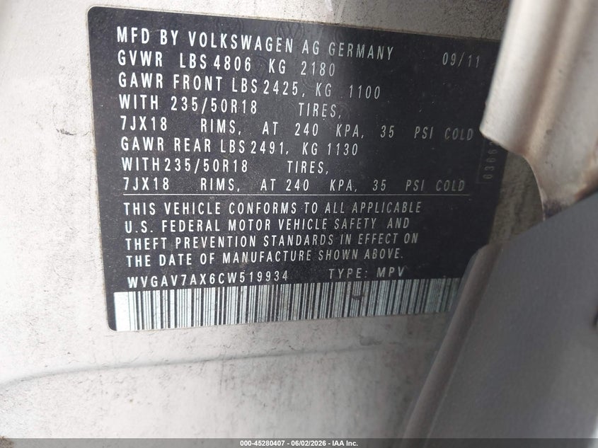 2012 Volkswagen Tiguan VIN WVGAV7AX6CW519934 IAAI salvage auction — NORMAL WEAR, Clear (Florida), sold $475 on 2026-07-07 (photo 9)