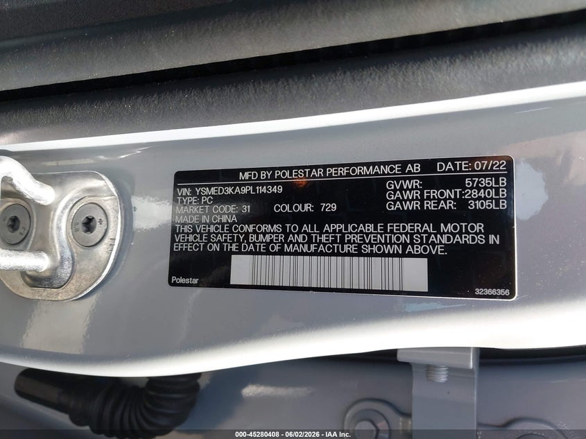 2023 Polestar 2 VIN YSMED3KA9PL114349 IAAI salvage auction — SIDE, Salvage Title, sold $9,100 on 2026-08-12 (photo 9)