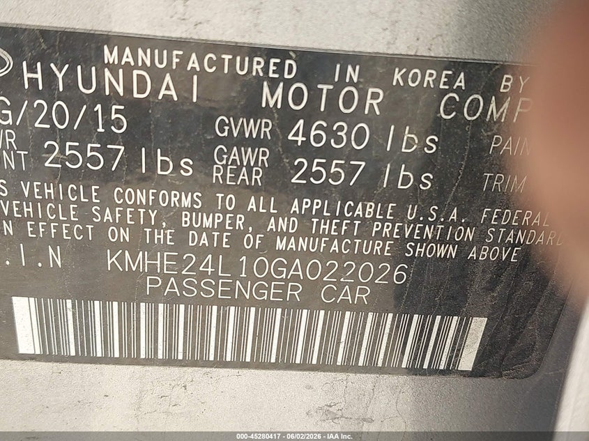 2016 Hyundai Sonata VIN KMHE24L10GA022026 IAAI salvage auction — NORMAL WEAR, Salvage Title, sold $350 on 2026-07-22 (photo 9)