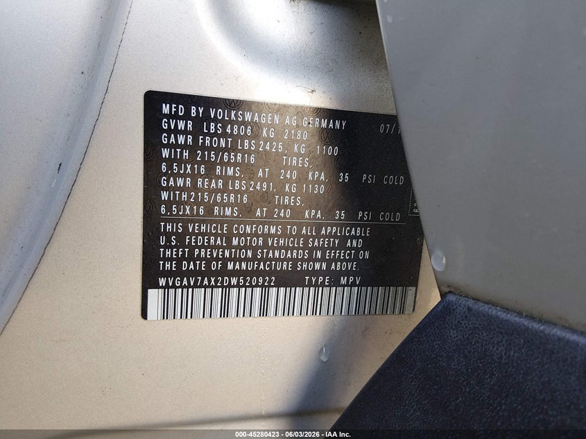 2013 Volkswagen Tiguan VIN WVGAV7AX2DW520922 IAAI salvage auction — LEFT FRONT, Salvage (South Carolina), sold $600 on 2026-08-01 (photo 9)