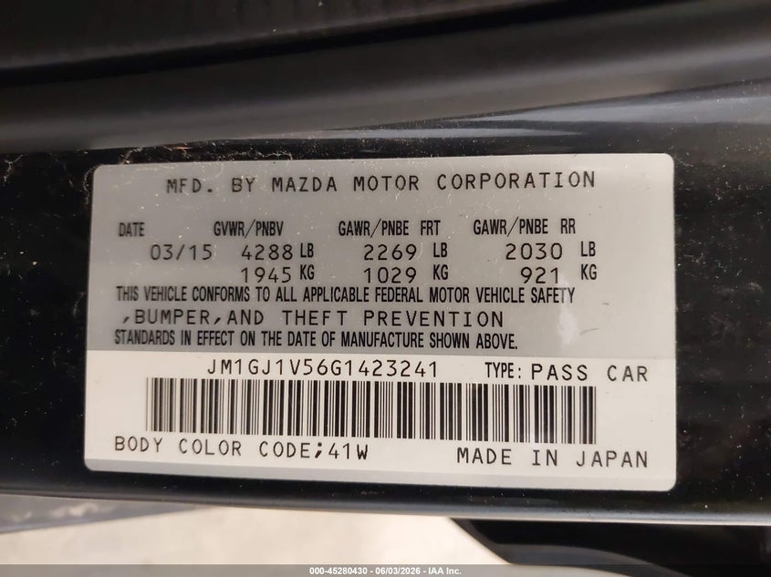 2016 Mazda 6 VIN JM1GJ1V56G1423241 IAAI salvage auction — UNKNOWN, Salvage (Utah), sold $850 on 2026-07-29 (photo 9)