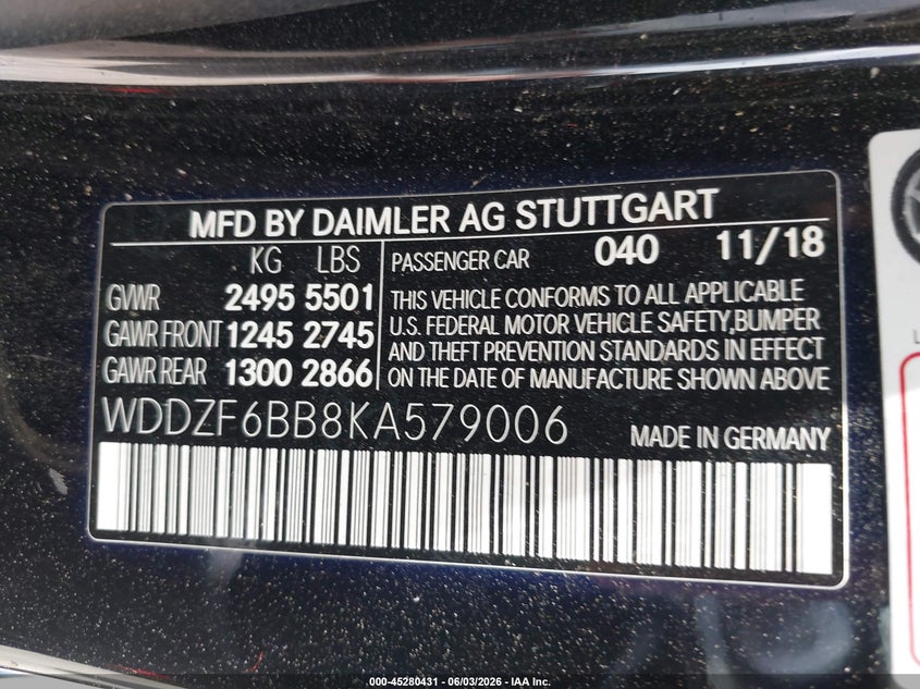 2019 Mercedes-benz VIN WDDZF6BB8KA579006 IAAI salvage auction — LEFT REAR, Original (Texas), sold $25 on 2026-08-21 (photo 9)