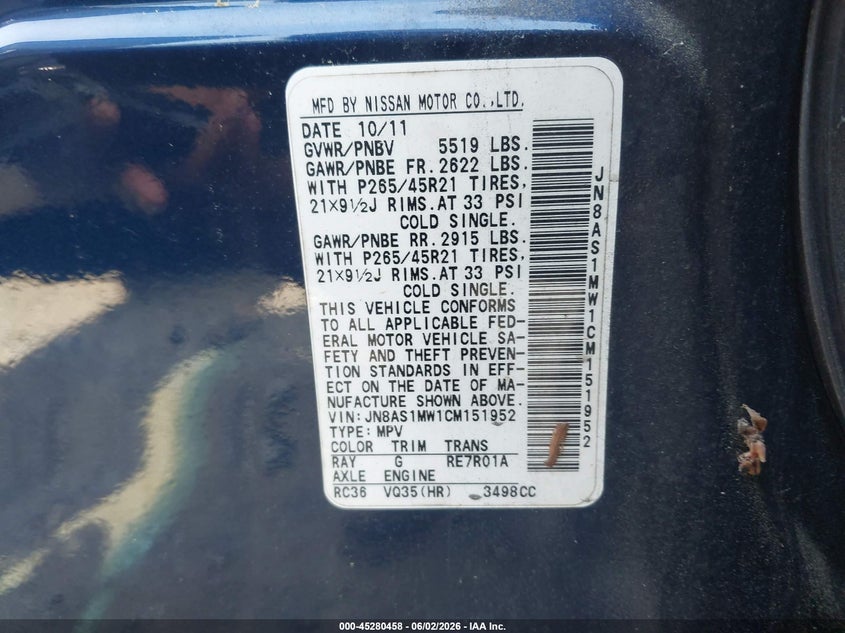 2012 Infiniti Fx VIN JN8AS1MW1CM151952 IAAI salvage auction — NORMAL WEAR, Clear (South Carolina), sold $500 on 2026-07-14 (photo 9)