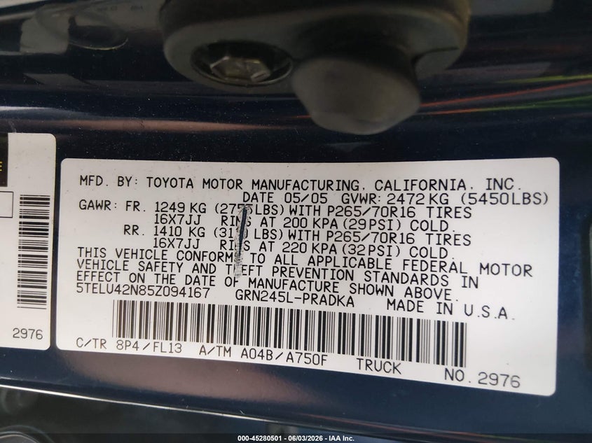 2005 Toyota Tacoma VIN 5TELU42N85Z094167 IAAI salvage auction — RIGHT SIDE, Bill Of Sale (Washington), sold $5,950 on 2026-07-29 (photo 9)