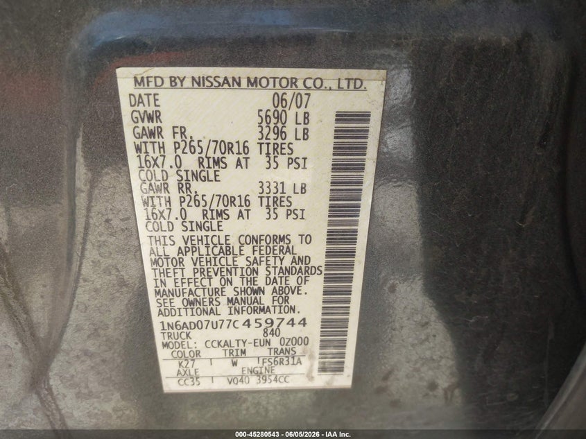 2007 Nissan Frontier VIN 1N6AD07U77C459744 IAAI salvage auction — FRONT END, Salvage (California), sold $2,350 on 2026-07-09 (photo 9)